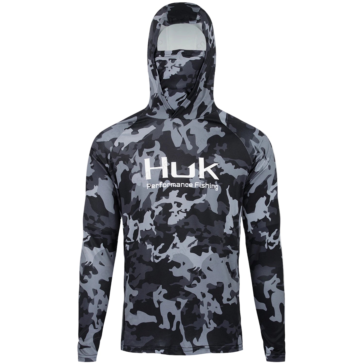 Camouflage hoodie with HUK logo on a white background