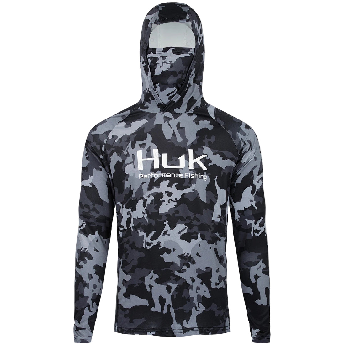 Camouflage hoodie with HUK logo on a white background