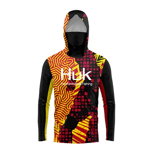 Premium Marlin Orange UPF 50 Hooded Face Cover Fishing Shirt by Flat Out Fishing Shirts