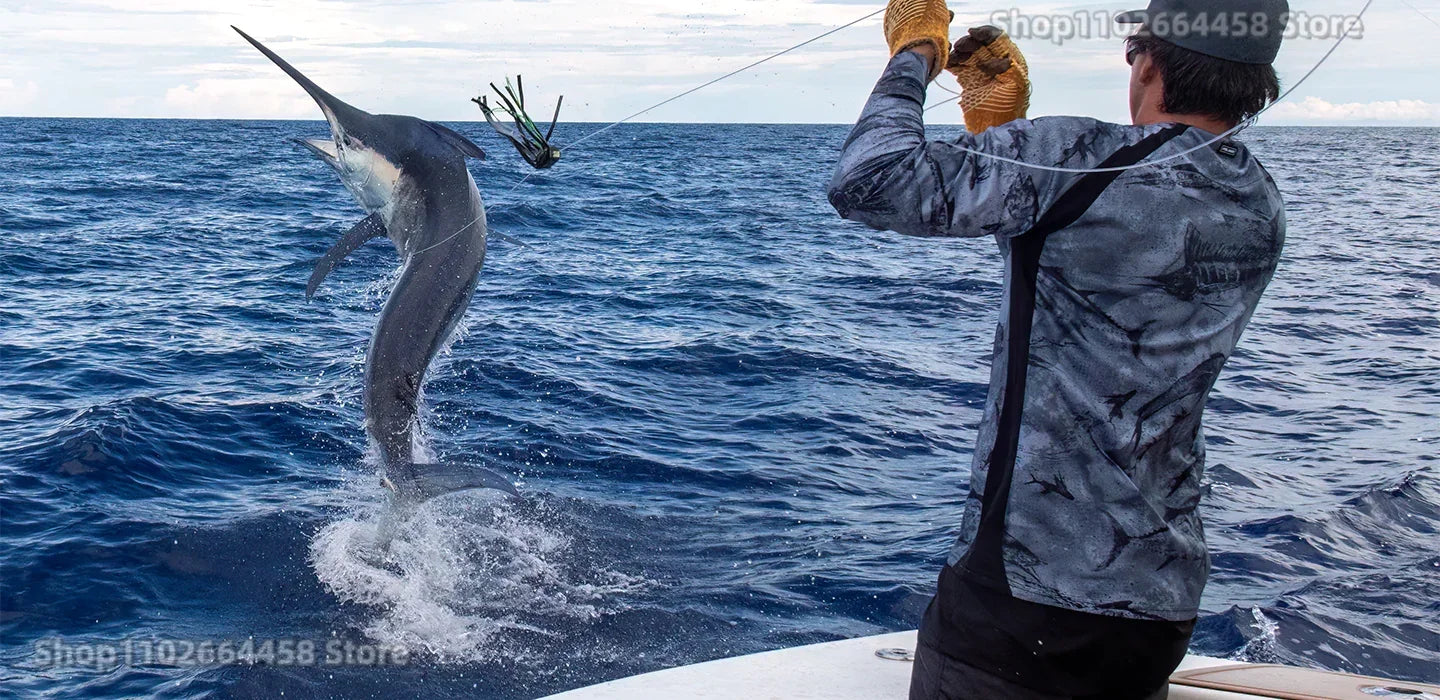 Sleek Black Grey Marlin UV Protection Fishing Shirt