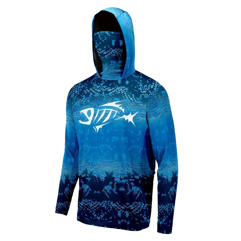 Reef Bones Multi Blue Hooded Fishing Shirt