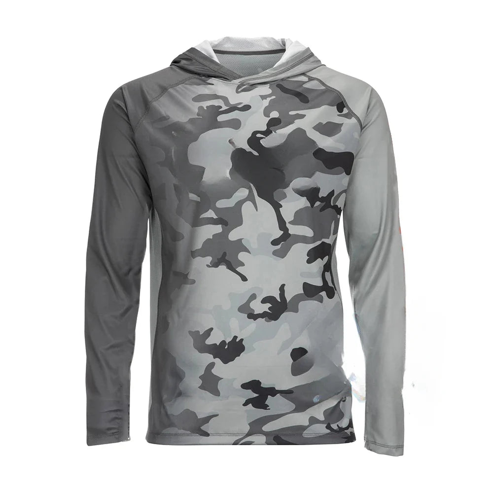 Camo Grey Marlin Hooded Anti-UV Fishing Shirt by Flatout Fishing Shirts