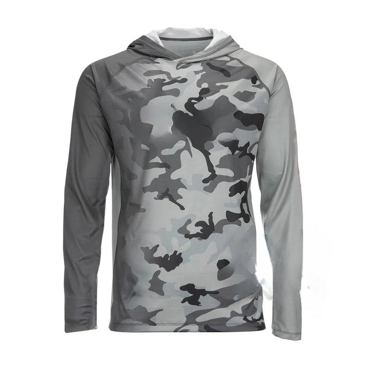Camo Grey Marlin Hooded Anti-UV Fishing Shirt by Flatout Fishing Shirts