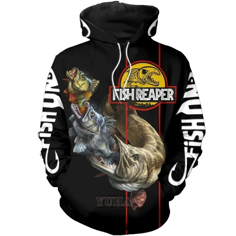 Black hoodie with fish design and 'Fish Reaper' logo on a white background